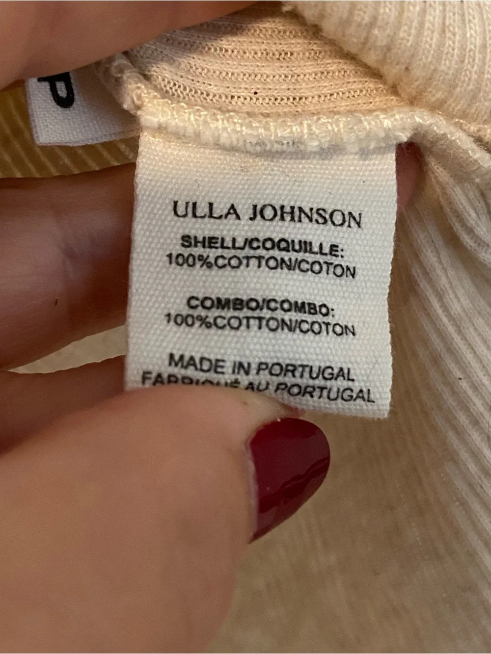 Ulla Johnson Cream V-Neck Puff-Sleeve Ribbed Top with Tie Sleeves